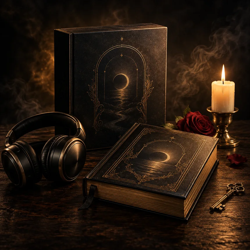 Imagem ilustrativa da coleção: livros pretos e dourados, fones, vela, rosa e uma chave.